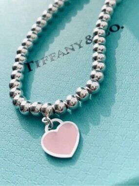 Tiffany & Co. Return to Tiffany Pink Enamel Heart Tag Bead Bracelet Sterling 6.5